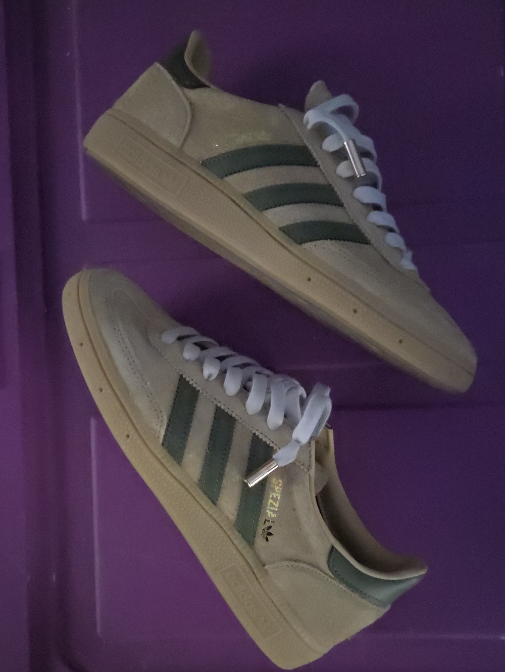 adidas Men Beige Suede Sneakers with Green Stripes